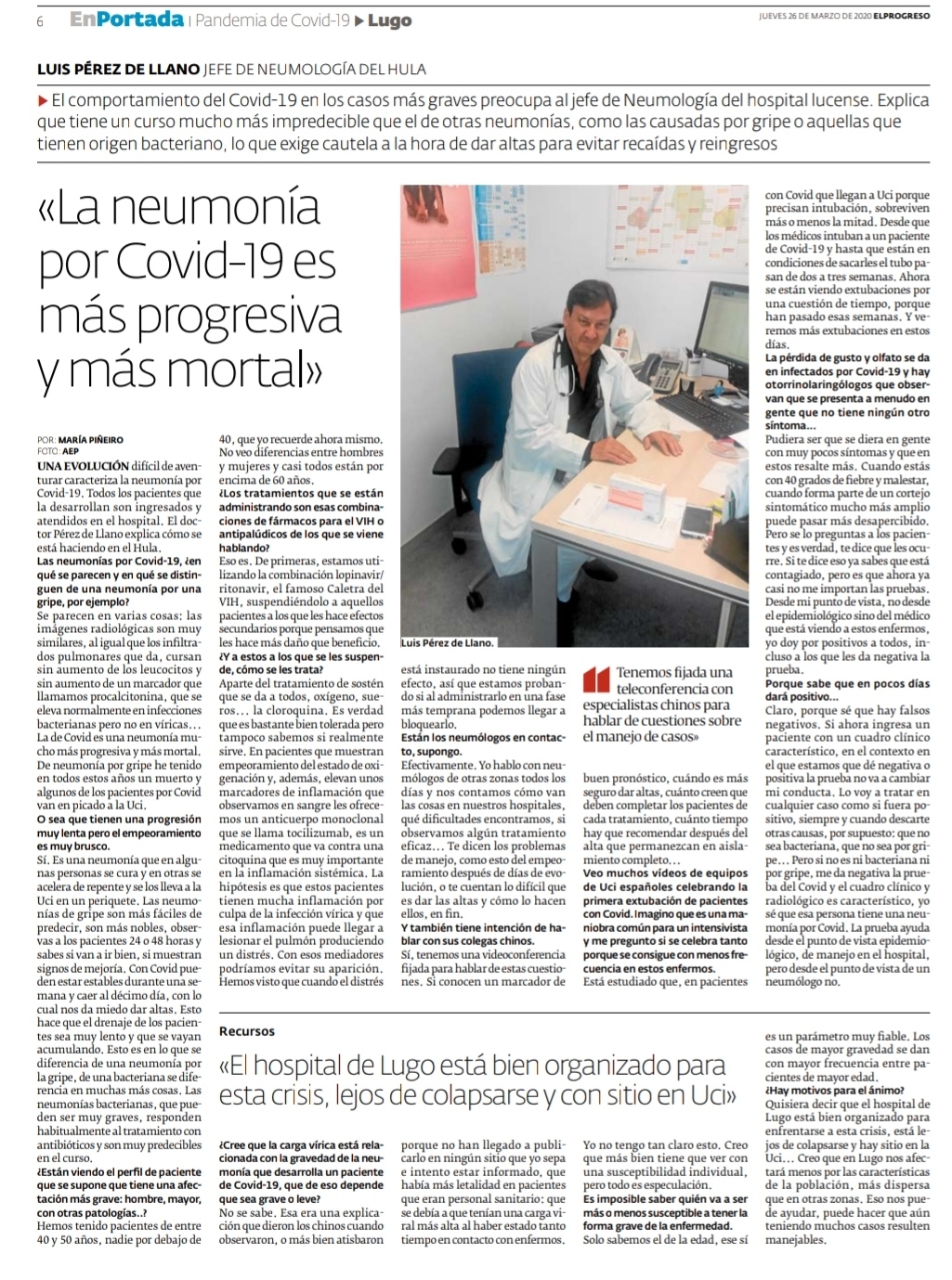 Entrevista en el Progreso a Luis Pérez del Llano, jefe Neumología